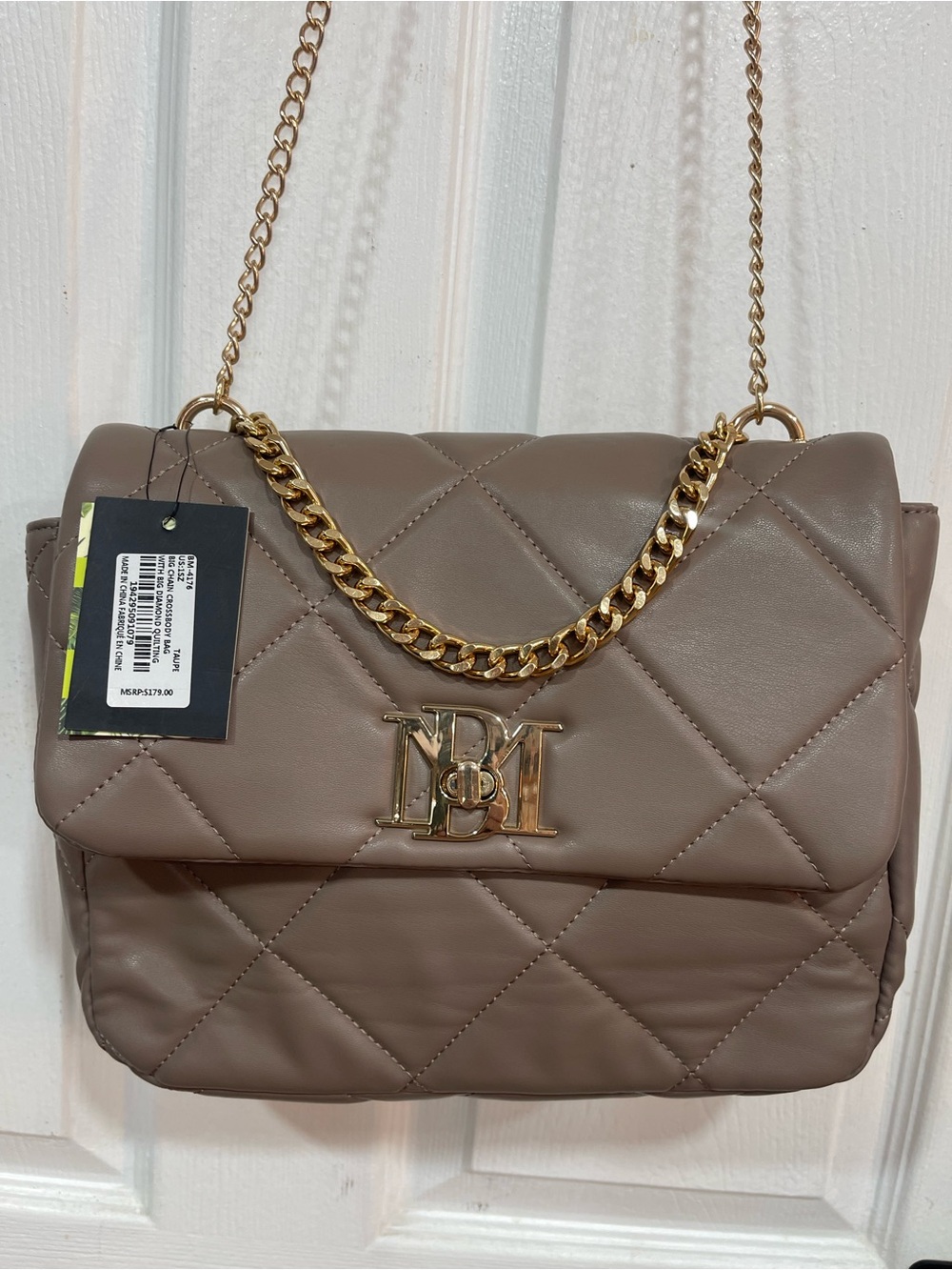 Badgley Mischka Taupe Quilted Shoulder Bag with Gold Chain
